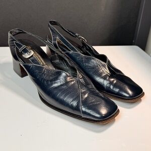 Italian Fragiacomo Dark Blue Leather Slingbacks Low Heel, GUC, Size 38.5 EU
